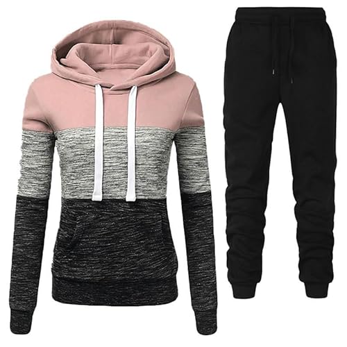 Damen Colorblock Trainingsanzug Set Jogginganzug Streetwear Winter Kordelzug Kapuzenpollover + Jogginghose Frauen Sportanzug 2 Teilig Freizeitanzug Langarm Hoodie Top Hose Sportswear Mit Taschen von yruphome