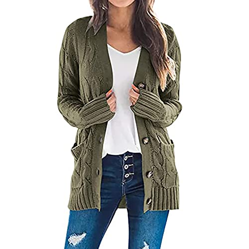 Damen Grobstrick Strickcardigan Langarm Drapiert Open Front Strickjacke Casual Lange Cardigan Mit Taschen Elegant Strick Outwear V-Ausschnitt Bequem Locker Strickpullover Mit KnöPfen Cardigan von yruphome