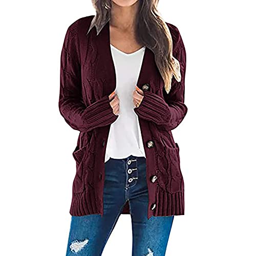 Damen Grobstrick Strickcardigan Langarm Drapiert Open Front Strickjacke Casual Lange Cardigan Mit Taschen Elegant Strick Outwear V-Ausschnitt Bequem Locker Strickpullover Mit KnöPfen Cardigan von yruphome