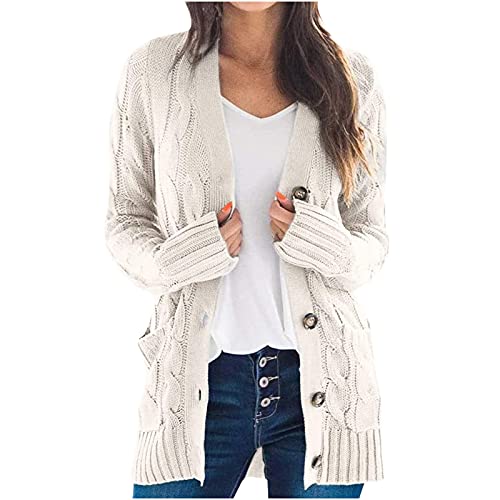 Damen Grobstrick Strickcardigan Langarm Drapiert Open Front Strickjacke Casual Lange Cardigan Mit Taschen Elegant Strick Outwear V-Ausschnitt Bequem Locker Strickpullover Mit KnöPfen Cardigan von yruphome