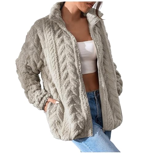 Damen Mantel Fleecejacke Winterjacke Solid üBergangsjacke Damen Jacke Winter Elegant Lang PlüSch Strickjacke Warmer Wollmantel Langarm Outdoor Coat Gepolstert Daunenjacke mit Taschen Zipper von yruphome