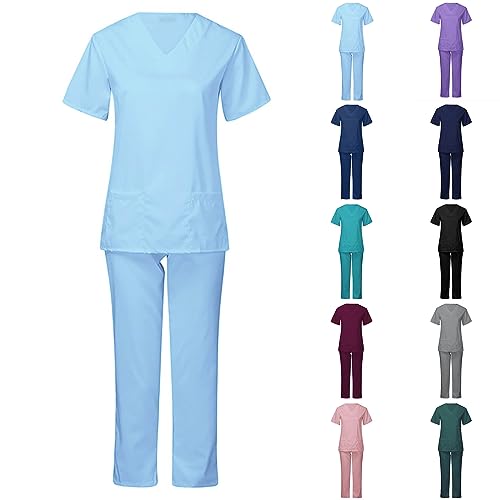 Damen Oberteil Und Hose Set Medizinische Stilluniform Jogger Scrub Set In Regular Klassischem V-Ausschnitt Tops + Lange Schlupfhose Weich Yoga-Joggerhose Set Medizin Uniform Kleidung FüR Frauen von yruphome