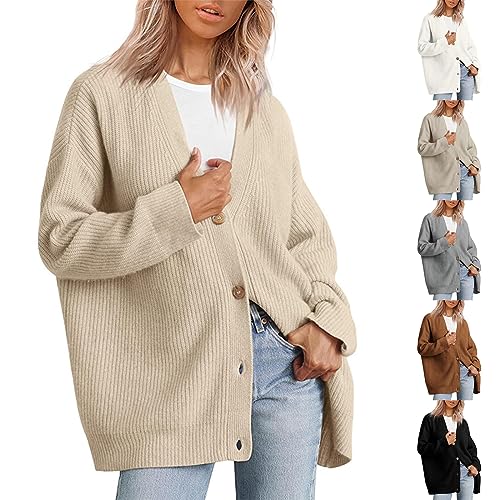 Damen Strickjacke Weiche Cardigan Strickmantel Outwear V-Ausschnitt Elegante Strickcardigan Herbst Causal Offener Strickpulli Mit KnöPfe Locker Bequem Strickpullover Vorne Offen Cardigan Jacke von yruphome