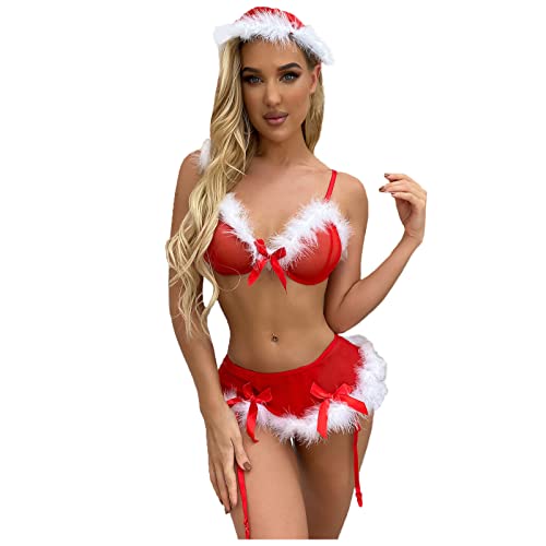 Damen Weihnachten Dessous Set Sexy Christmas NachtwäSche Lingerie WeihnachtskostüM UnterwäSche ReizwäSche Rot Xmas Kleidung Reizvolle Negligee V-Ausschnitt Babydoll Lingerie Spitze Dessous Nachthemd von yruphome