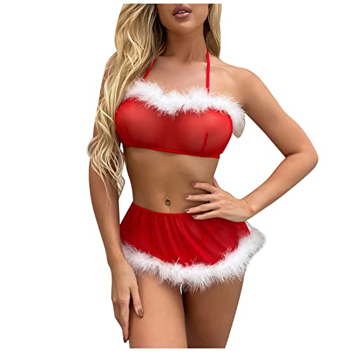 Damen Weihnachten Dessous Set Sexy Christmas NachtwäSche Lingerie WeihnachtskostüM UnterwäSche ReizwäSche Rot Xmas Kleidung Reizvolle Negligee V-Ausschnitt Babydoll Lingerie Spitze Dessous Nachthemd von yruphome