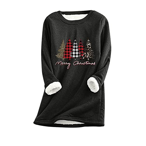 Damen Weihnachtspullover Warme Fleece Gefüttert Sweatshirt Ohne Kapuze LäSsig Lange Pullover Tops Rundhals Herbst Winter Langarmshirt Modern Sweater mit Weihnachtsdruck Damen Langarmshirt Pulli von yruphome