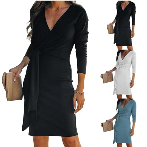 Frauen Strick Langarm Maxikleid Damen Sexy Tief V Ausschnitt Kleider Autunm Winter Mode Casual Solid Farbe Langarm Kleider Slim Fit Party Kleid Cocktails Abendkleider Abendkleider von yruphome