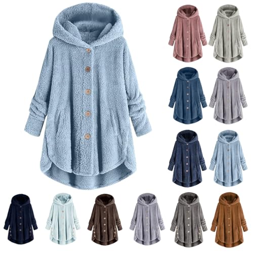 Hoodie Wintermantel Damen Oversize PlüSchjacke Warm GefüTterter Fleecemantel 2023 Knopf Kapuzenjacke Mode LäSsige Teddyjacke Lose Doppelseite Flauschiger Winterjacke Farbblock Lange Strickjacke von yruphome