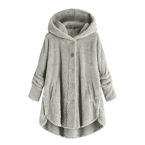 Hoodie Wintermantel Damen Oversize PlüSchjacke Warm GefüTterter Fleecemantel 2023 Knopf Kapuzenjacke Mode LäSsige Teddyjacke Lose Doppelseite Flauschiger Winterjacke Farbblock Lange Strickjacke von yruphome