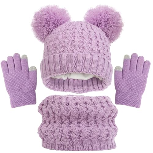 Kinder Wintermütze Schal Handschuhe Set Fleece Gefütterte Strickmütze Kindermütze Runder Schal Set Warme Winter Bommel Beanie Mütze Schlauchschal Handschuh Set für Kinder Jungen Mädchen 3-8 Jahre von yruphome