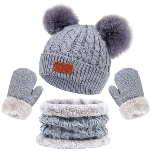 Kinder Wintermütze Schal Handschuhe Set Fleece Gefütterte Strickmütze Kindermütze Runder Schal Set Warme Winter Bommel Beanie Mütze Schlauchschal Handschuh Set für Kinder Jungen Mädchen 3-8 Jahre von yruphome