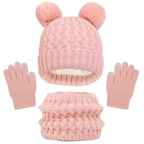 Kinder Wintermütze Schal Handschuhe Set Fleece Gefütterte Strickmütze Kindermütze Runder Schal Set Warme Winter Bommel Beanie Mütze Schlauchschal Handschuh Set für Kinder Jungen Mädchen 3-8 Jahre von yruphome