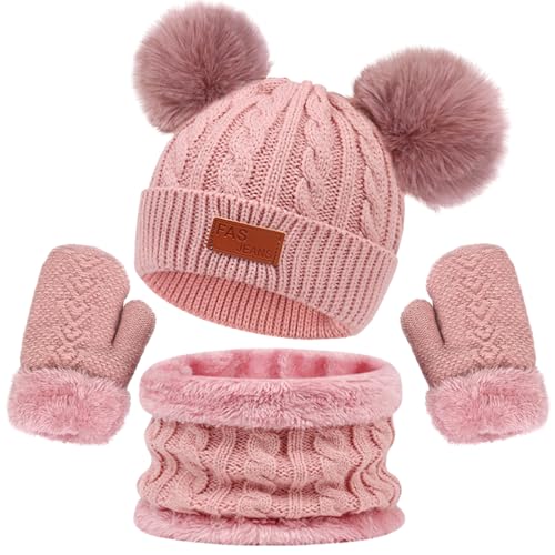 Kinder Wintermütze Schal Handschuhe Set Fleece Gefütterte Strickmütze Kindermütze Runder Schal Set Warme Winter Bommel Beanie Mütze Schlauchschal Handschuh Set für Kinder Jungen Mädchen 3-8 Jahre von yruphome