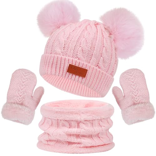 Kinder Wintermütze Schal Handschuhe Set Fleece Gefütterte Strickmütze Kindermütze Runder Schal Set Warme Winter Bommel Beanie Mütze Schlauchschal Handschuh Set für Kinder Jungen Mädchen 3-8 Jahre von yruphome