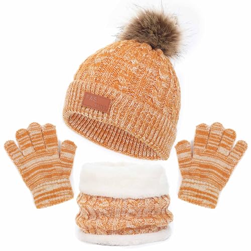 Kinder Wintermütze Schal Handschuhe Set Fleece Gefütterte Strickmütze Kindermütze Runder Schal Set Warme Winter Bommel Beanie Mütze Schlauchschal Handschuh Set für Kinder Jungen Mädchen 3-8 Jahre von yruphome