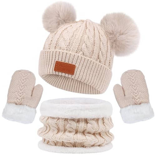 Kinder Wintermütze Schal Handschuhe Set Fleece Gefütterte Strickmütze Kindermütze Runder Schal Set Warme Winter Bommel Beanie Mütze Schlauchschal Handschuh Set für Kinder Jungen Mädchen 3-8 Jahre von yruphome