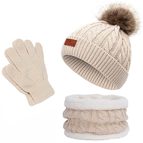 MüTze Schal Set Kinder Gestrickt WintermüTze Schal Handschuhe 3 StüCk Set 3 In 1 Warm Stricken Dicken Ski Set Fleece GefüTtert WintermüTze Schal Handschuhe Set PlüSch Outdoor Set MäDchen Jungen von yruphome