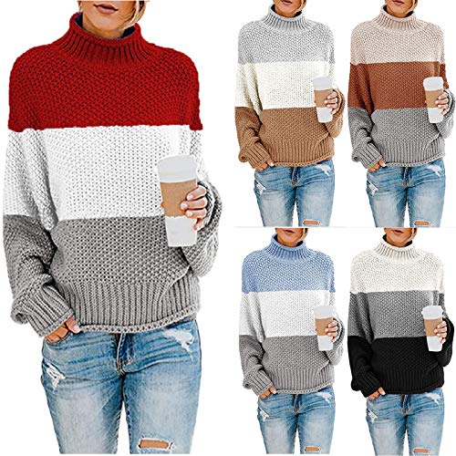 Pullover Damen Elegant Winter Strickpullover Patchwork Sweatshirt Ohne Kapuze Strick Rollkragenpullover Herbst Winter Warme Langarm Gestreift Rundhals Sweater Tops Casual Lose Langarm Pulli Oberteile von yruphome