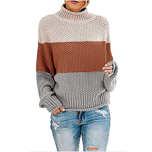 Pullover Damen Elegant Winter Strickpullover Patchwork Sweatshirt Ohne Kapuze Strick Rollkragenpullover Herbst Winter Warme Langarm Gestreift Rundhals Sweater Tops Casual Lose Langarm Pulli Oberteile von yruphome