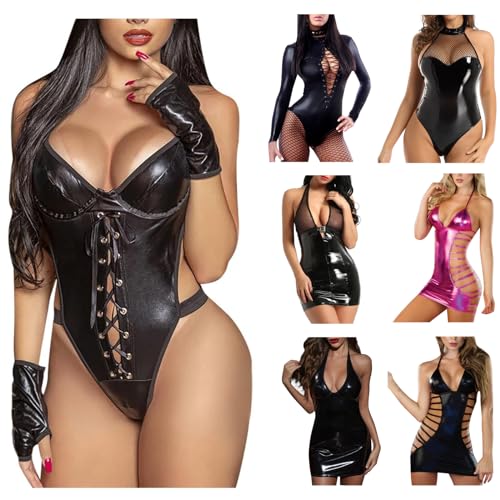 Sexy Lackleder Dessous Set Damen Lackleder Kleid Rock Erotische ReizwäSche Outfit Sexy Schlafanzug Erotik Lack Leder Negligee RüCkenfreies Nachtwäsche Minikleid Frauen Halfter Clubwear Kleidung von yruphome