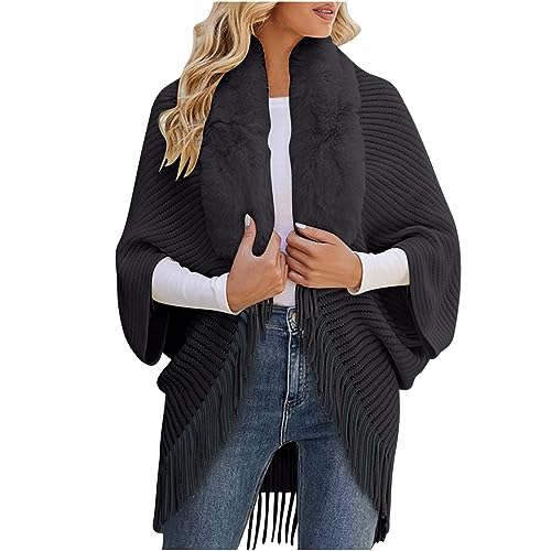 Strickjacke Damen Winter Pulli Poncho Outwear Strickcardigann Mit Kunstfell Kragen Mode Elegant Cape Cardigan Winter Kunstpelz Stolen Revers Kragen Kaschmir FüHlen Wickelschal Umhang StrickmäNtel von yruphome