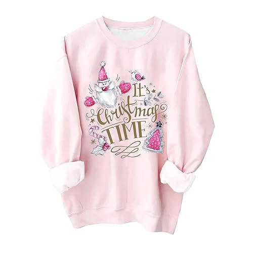 Weihnachtspullover Damen Weihnachts Sweatshirt Beiläufig Rundhals Langarmshirt Rosa Damen Pullover Elegant Xmas Sweatshirt Mit Weihnachtsprint Herbst Winter Langarm Casual Basic Oberteile Tops von yruphome