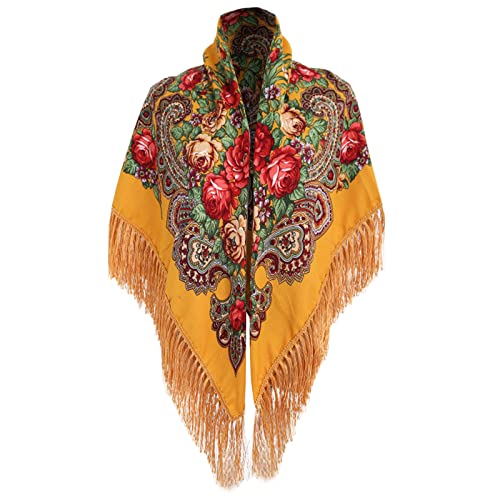 yruphome Damen Warme Halstuch Retro Blumenmuster Schal Russischer Pawlow Posad Schal Umschlagtuch Drucken Poncho Große Platz Nacken Kopfschal Mit Fransen Hochwertige Stola (Gelb) von yruphome