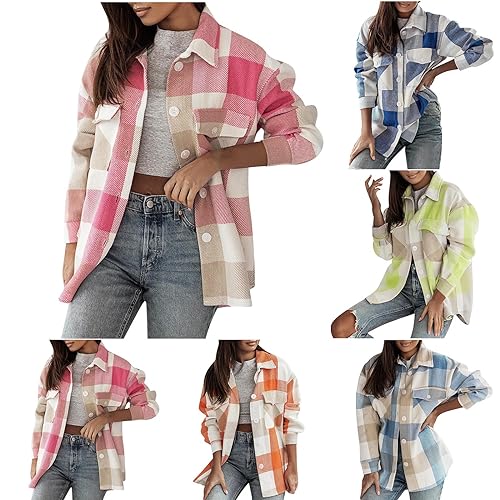 yruphome Damen Wintermode Bunt Kariertes Hemd GebüRstetes Fleece Locker Damen Karierte Strickjacke Lange ÄRmel Patchwork Revers Oberbekleidung Top LäSsig Winddicht Karierte MäNtel Jacken Wolle von yruphome