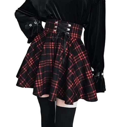 Damen Faltenrock A-Linie Rock Karierter Rock Damen Hohe Taille Mini-Faltenrock Gothic Skirt zum Schnüren von yssgtt