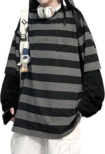 Damen Rundhals Gestreift T-Shirt Lässig Lange Ärmel Harajuku Oversized Streifen Farbblock Oberteile Shirt Tops von yssgtt