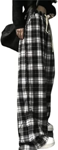 yssgtt Schwarz-weiß Karierte Hose Damen High Waist lässige Hose Plaid Baggy Drawstring Hose gerade Hose Y2k Kleidung von yssgtt