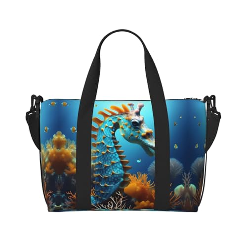 YUANGJHOP Blaue Seepferdchen Druck Hand Reisetasche Persönliche Gegenstände Tasche Damen Handtasche Reise Große Umhängetasche mit Reißverschluss von yuangjhop
