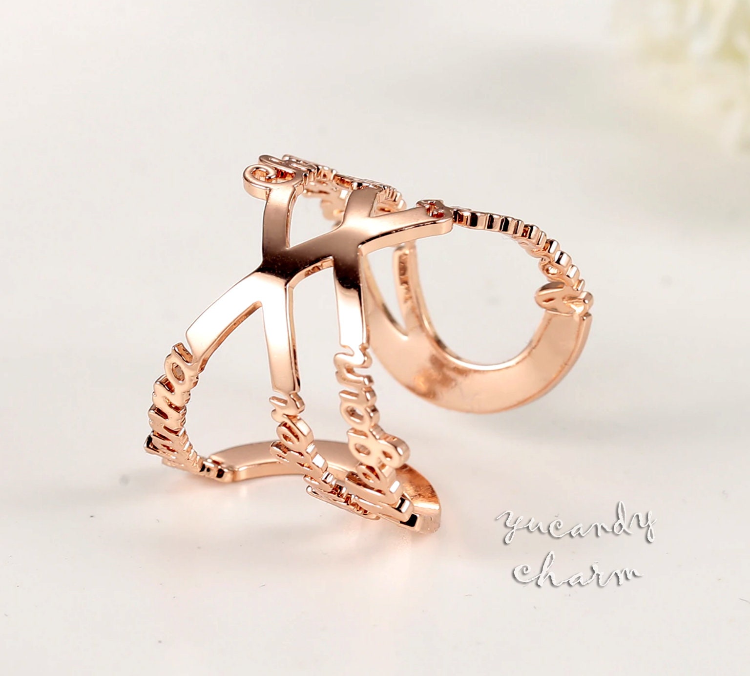 Usa Personalisierter Name Infinity Open Criss Kreuz Fingerring Rosegold Silber Liebe Kinder Mama Frau Mehrere Bis 6 Namen Cutout von yucandycharm