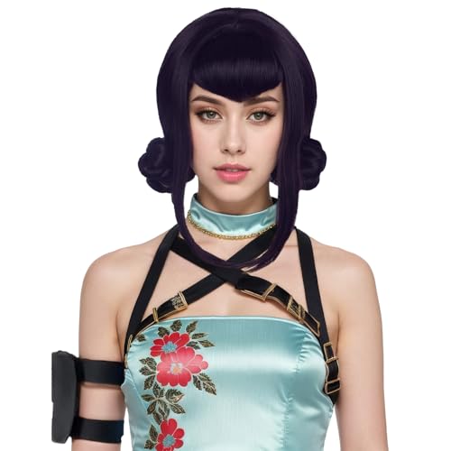 Yuehong Frauen Dunkelviolett Doppel Buns Anime Cosplay Kostüm Perücke Bangs Cartoon Rolle Haar Hitzebeständige Synthetische Fasern Weiche Haltbare Atmungsaktive Perücke von yuehong