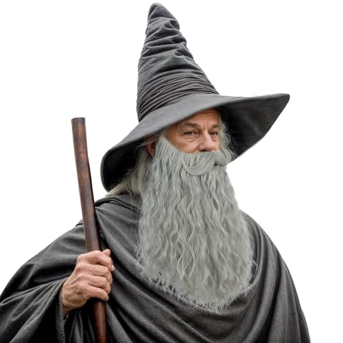 Yuehong Herren Lange Lockige Graue Große Bart Hexenmeister Cosplay Kostüm Bart für Halloween Party mit Hitzeresistenten Synthetischen Fasern von yuehong