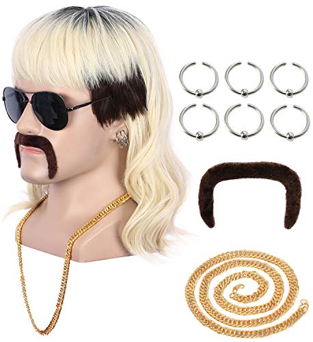 Yuehong Kurze Schwarze Wurzeln Blonde Rock Star Style Perücke Halloween Cosplay Perücke Mullet Mode Perücke Hitzebeständige Perücken von yuehong
