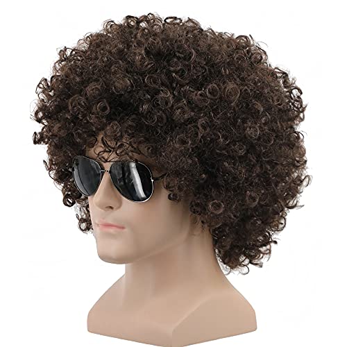Yuehong Kurze Dunkelbraun Lockige Afro Perücke Flauschige 70er 80er Jahre Disco Cosplay Party Perücke mit Hitzebeständige Synthetische Fasern für Unisex Männer Frauen (Dunkelbraun) von yuehong