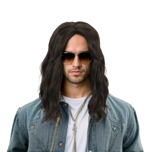 Yuehong Lange Lockige Dunkelbraun 80er Jahre Männer Perücke Cosplay Anime Haare Hitzebeständige Synthetische Fasern Perücke von yuehong