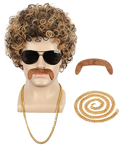 yuehong Kurze, gelockte Herrenperücke im 70er-Jahre-Stil, Afro-Discoperücke mit Schnurrbart, Halsketten-Set, Kalifornien-Kostüm, hitzebeständige Kunstfasern, Party-Mode-Perücke von yuehong