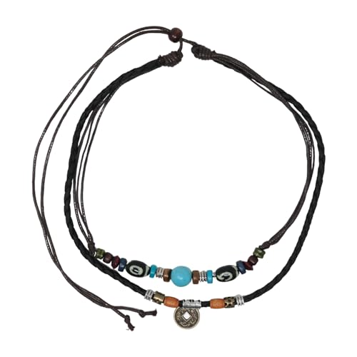 yueton 1 x Bohemian-Lederhalskette, mehrschichtige türkisfarbene Perlen, gewebte Halskette, Kupfer-Münzen-Anhänger, verstellbare Hanfseil-Halskette yueton 1 x Bohemian-Lederhalskette, mehrschichtige türkisfarbene Perlen, gewebte Halskette, Kupfer-Münzen-Anhänger, verstellbare Hanfseil-Halskette von yueton