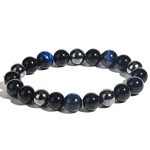 10mm Schwarzer Obsidian Tigerauge Stein Hämatit Armband, Tigerauge Dreifach-Armband Armband mit Dreifachem Schutz Perlen Armband Lava Rock Armband Perlenarmband Herren mit schwarzen,für Damen,Herren von yufana