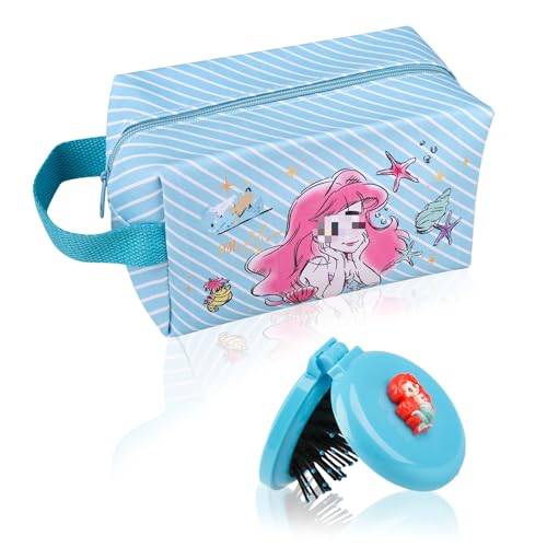 Cartoon Schminktasche Mee-rjungfrau Make Up Tasche Kosmetiktasche Süße Schminktasche mit Spiegel Reise Kulturbeutel Handtasche Kosmetiktasche mit Reißverschluss Cosmetic Bag Geschenk für Mädchen von yumcute