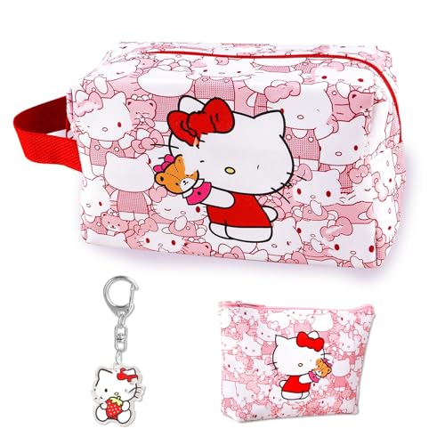 Cartoon Kosmetiktasche Mädchen Kity Makeup Tasche, Reise-Kosmetiktasche mit Geldbörse und Schlüsselanhänger, PU-Reise-Kulturbeutel, Make-up-Zubehör, Geschenk für Mädchen von yumcute