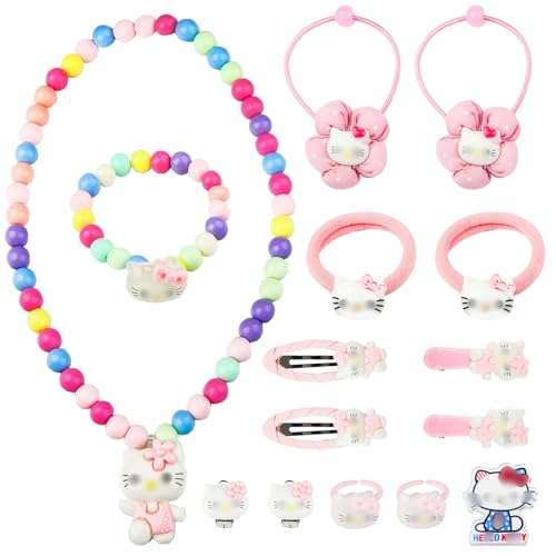 yumcute Schmuckset Mädchen,15pc Mädchen haarschmuck Cartoon Thema Rosa Schmuckset Halskette Armband Ohrringe Ring Brosche Haarseil Kindertagsgeschenk Geburtstag Geschenk für Baby Teens Kleinkinder von yumcute