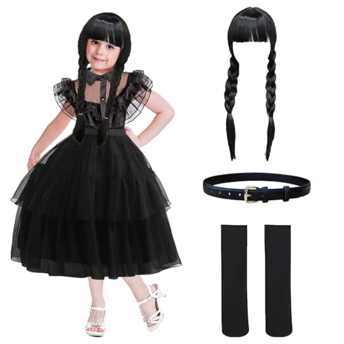yumcute Gothic Kleid Kostüm Kinder Schwarz Tüllrock Kleid mit Perücke Gürtel und Socken Gothic Kleidung Kostüm für Kinder Halloween Karneval Cosplay Party, 130 von yumcute