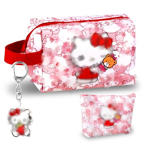 yumcute Kosmetiktasche 3 Stück Set Mit Schlüsselanhänger Portemonnaie und Cartoon Make-up Tasche Reise-Kosmetiktasche Kulturtasche Hohe Kapazität Geschenk für Mädchen von yumcute