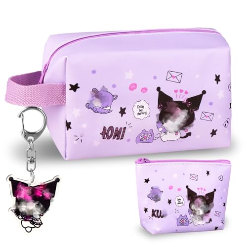 yumcute Kosmetiktasche 3 Stück Set Mit Schlüsselanhänger Portemonnaie und Cartoon Make-up Tasche Reise-Kosmetiktasche Kulturtasche Hohe Kapazität Geschenk für Mädchen von yumcute