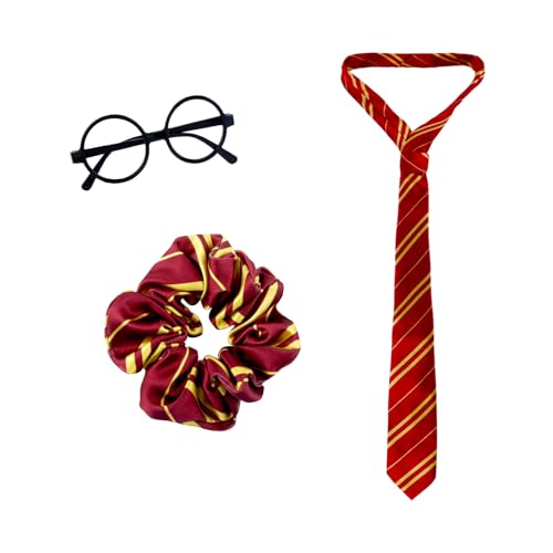 yumcute Magische Kostüm Accessoires Kinder Erwachsene, Wizard Cosplay Rot Und Gelb Gestreiftes Haargummis Krawatte und Runder Brillen, Halloween Fasching Karneval Party Kostüme Zubehör von yumcute