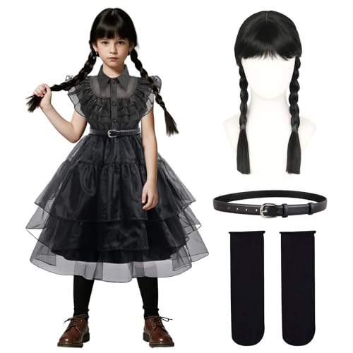 yumcute Wednesday Kostüm Kinder Mittwochskostüm für Kinder Wednesday Kleid Gothic Dress Schwarz Tüllrock Kleid mit Perücke Gürtel und Socken Halloween Karneval Fasching Cosplay Party von yumcute