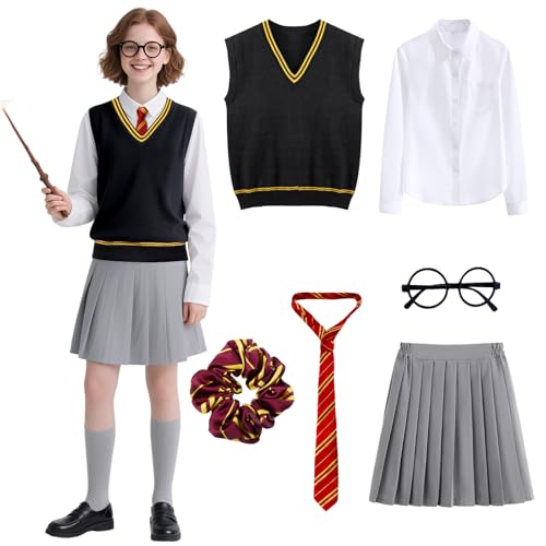 yumcute Zauberer kostüm Erwachsene L, 6 Stück Magische kostüm set für Mädchen und Frauen mit Hemd Rock Weste Krawatte Brille Haarband, Halloween Fasching Karneval Party Cosplay Outfit von yumcute